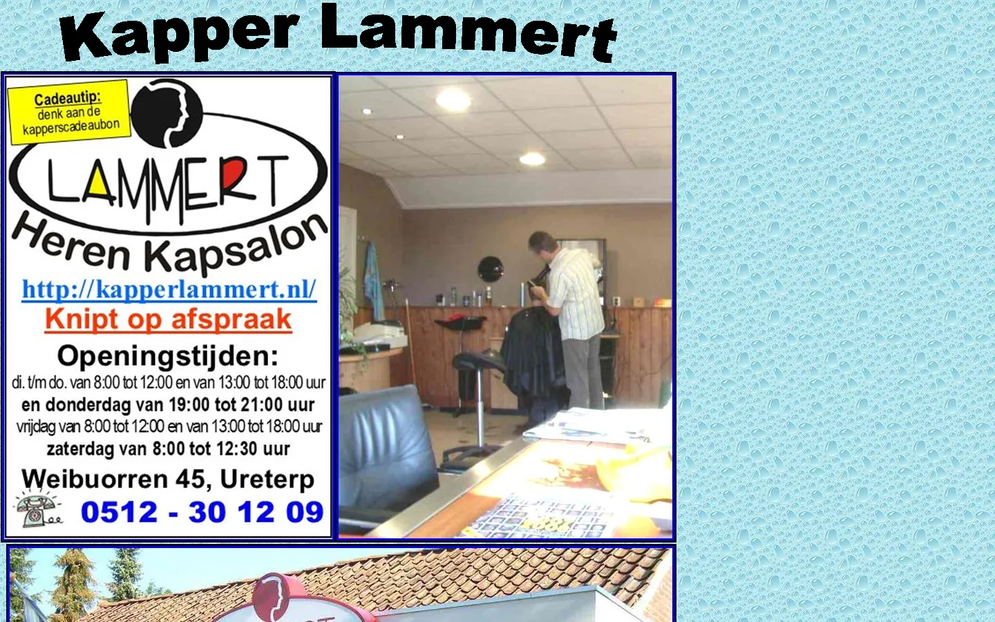 De huidige website van Kapper Lammert op een computer: blauwe waterdruppel-achtergrond met flyer en foto